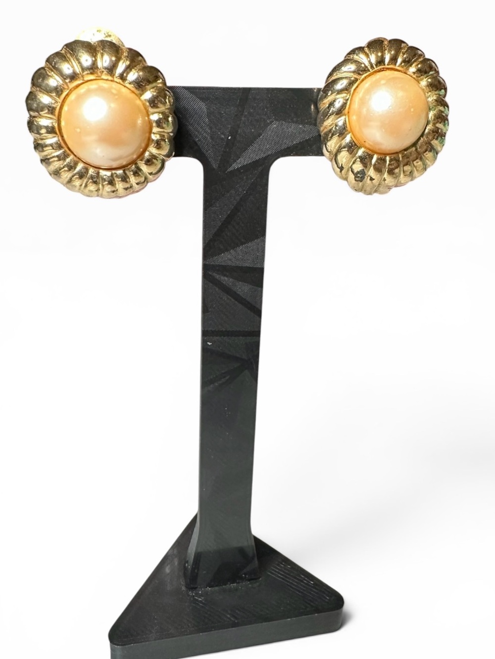 Vintage Monet Gold Plated Faux Pearl Ribbed Clip On Earrings